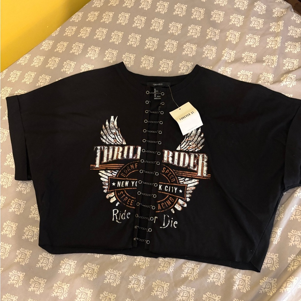Thrill Rider Black Lace-Up Graphic Crop Top